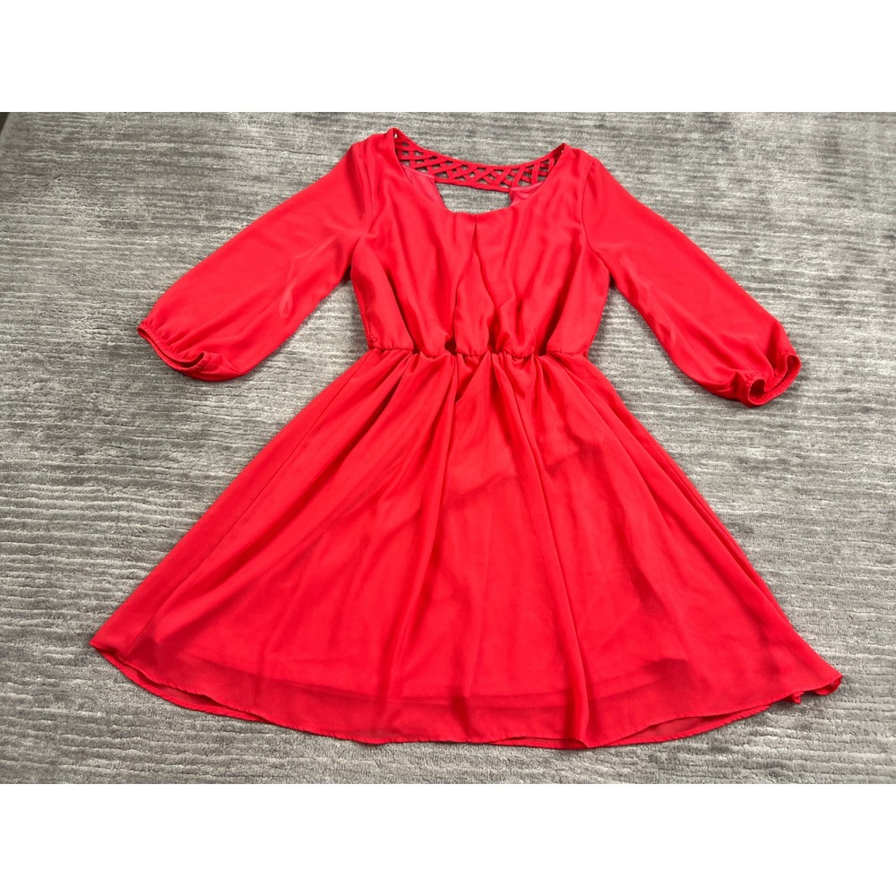 by & by Dress Women Medium Red Fit & Flare Lattice Back 3/4 Sleeve 1128A03